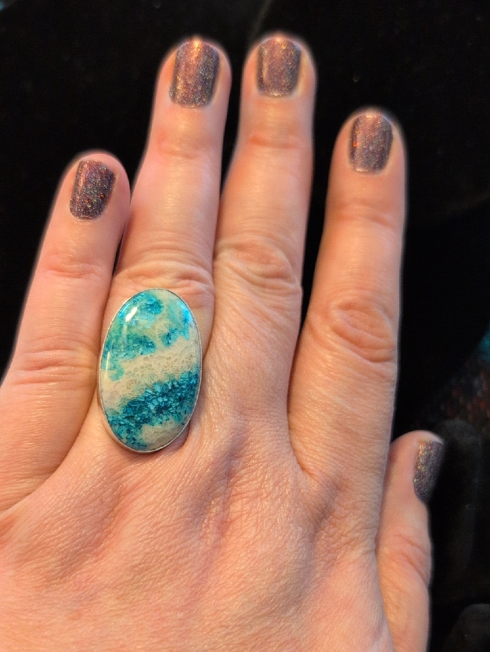 Oval Shaped Blue And White Fossil Coral Ring